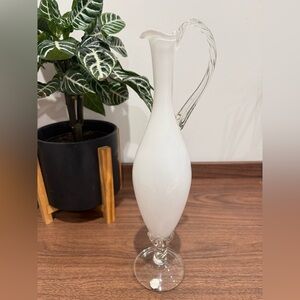 Mid Century MCM White Italian Empoli Cased Glass Decanter Twisted Glass Handle